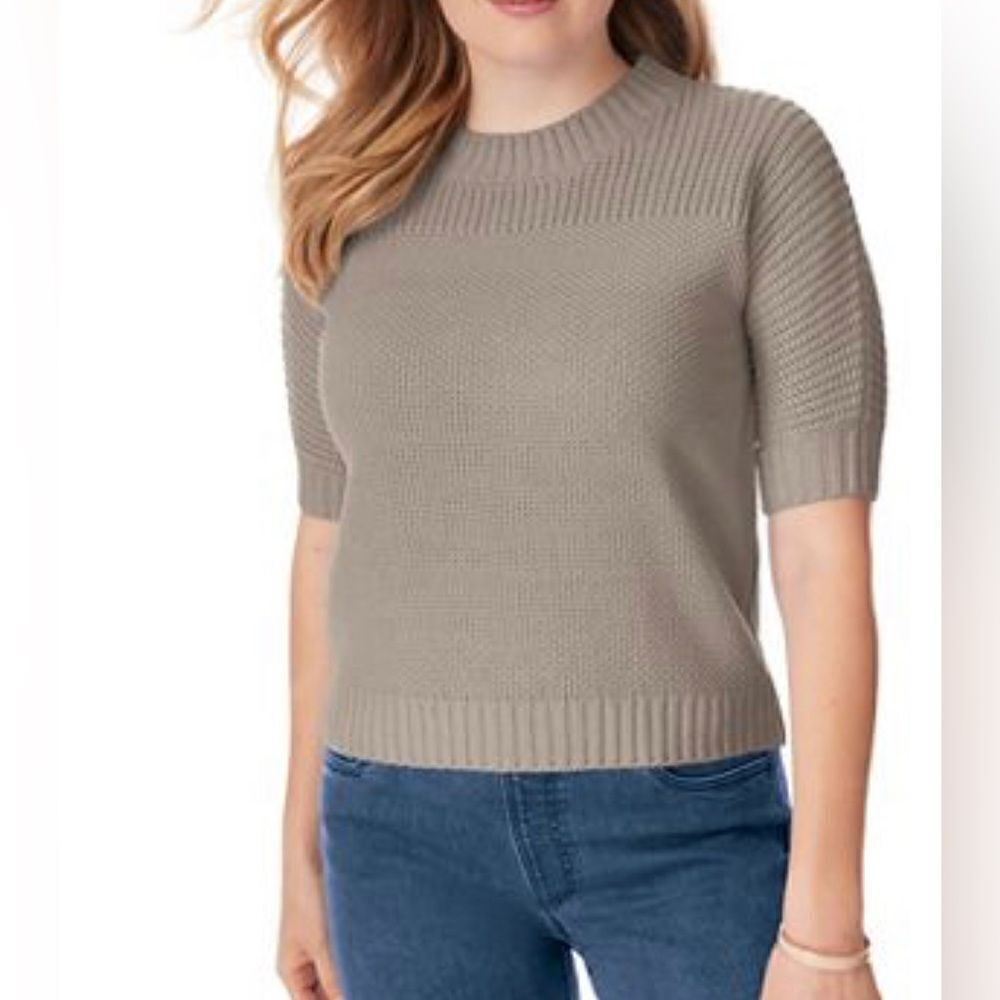 Blair Shaker Stitch Dolman Sweater Crew Neck Short Sleeve Beige Tan Size M